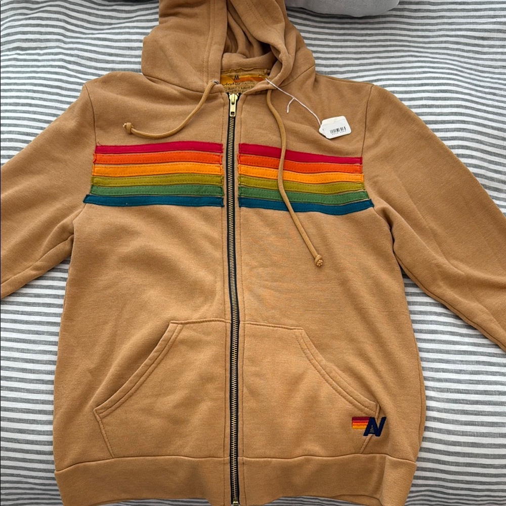 Tan Aviator Nation Zip Hoodie with Multicolor Stripes